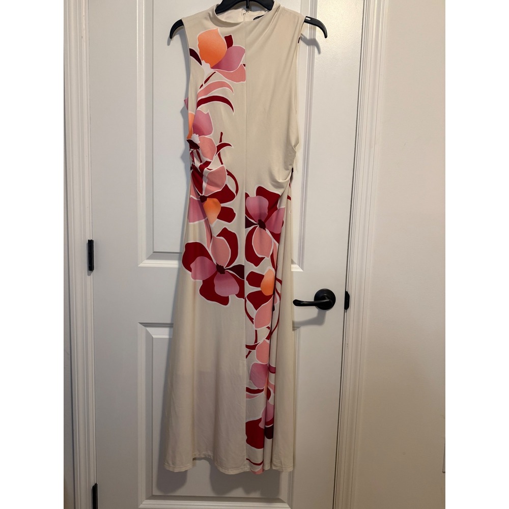 Maggy London Sheath Dress Womens 4 Cream Pink Floral Ruched Midi Good Y2K Boho